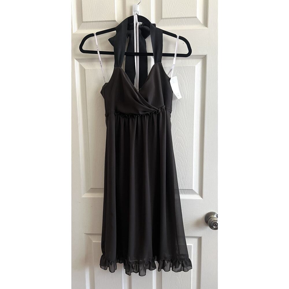 VERA WANG VTG Y2K Brown Chiffon Ruffle Grosgrain Ribbon Neck Babydoll Dress 6 - Picture 2 of 14